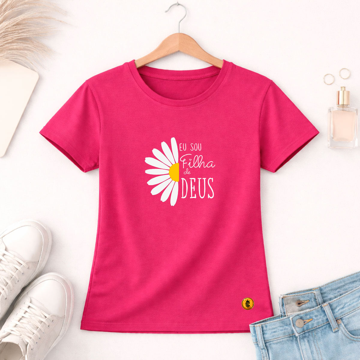 Camiseta Feminina  Pink Flor Eu Sou Filha De Deus 