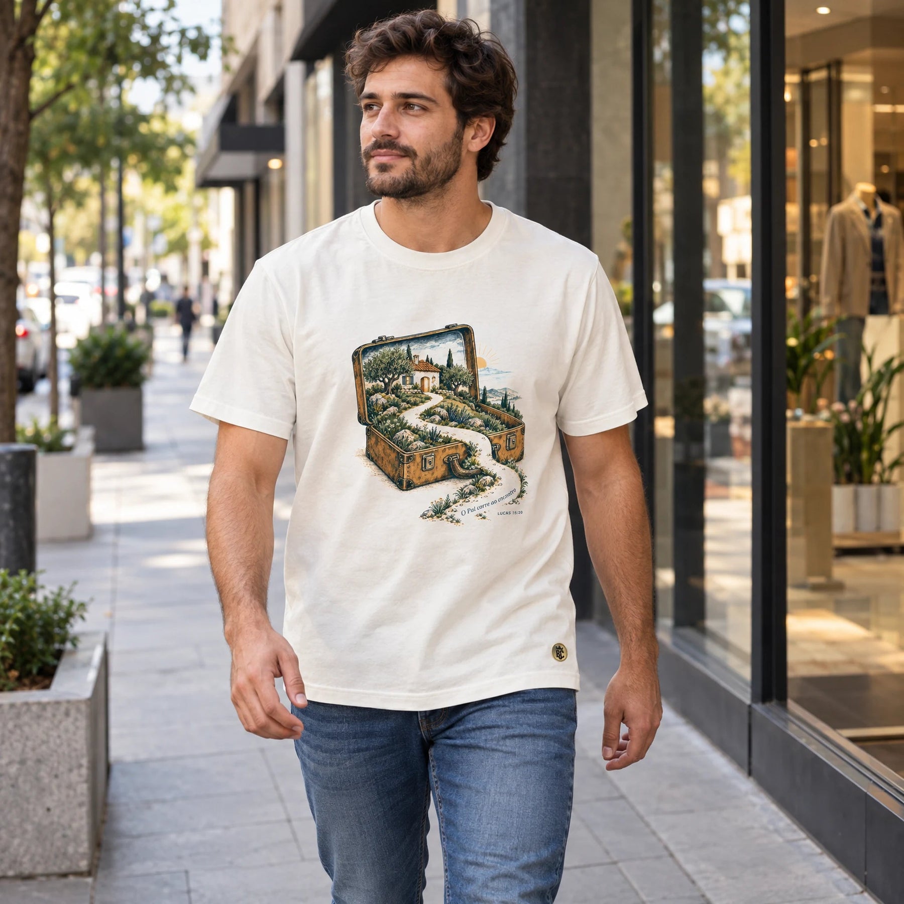 Camiseta Masculina Off White O Pai corre ao encontro