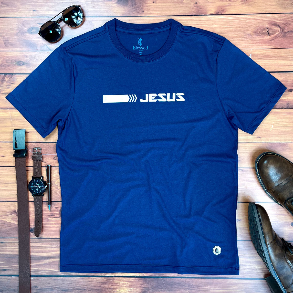 Camiseta Masculina Azul Aplique Direção Jesus