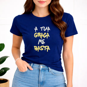 Camiseta Feminina Azul A Tua Graça Me Basta  Aplique
