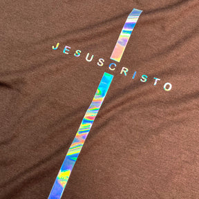 Camiseta Feminina Marrom Cruz Prata Jesus Cristo
