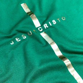 Camiseta Masculina Verde Cruz Dourada Jesus