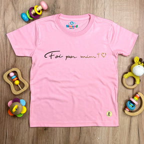 T-Shirt Infantil Rosa Foi Por Mim Cruz Coração