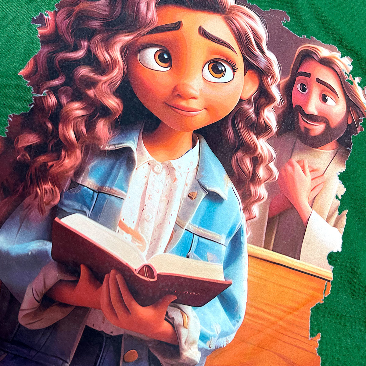 T-Shirt Infantil Verde Garota Bíblia Jesus