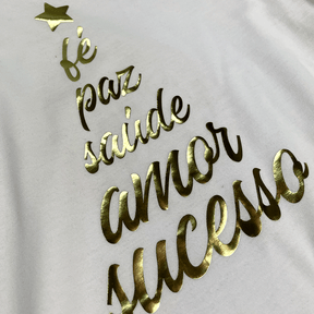 T-Shirt Infantil Branca Árvore Fé Paz Dourado