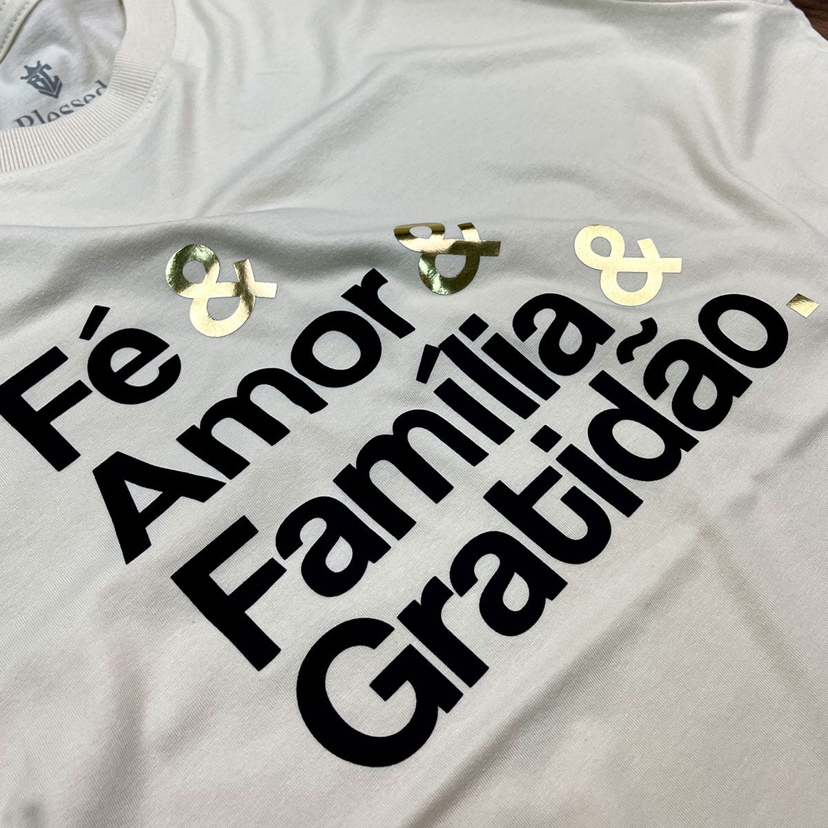 Camiseta Masculina Off White Fé & Amor Dourado