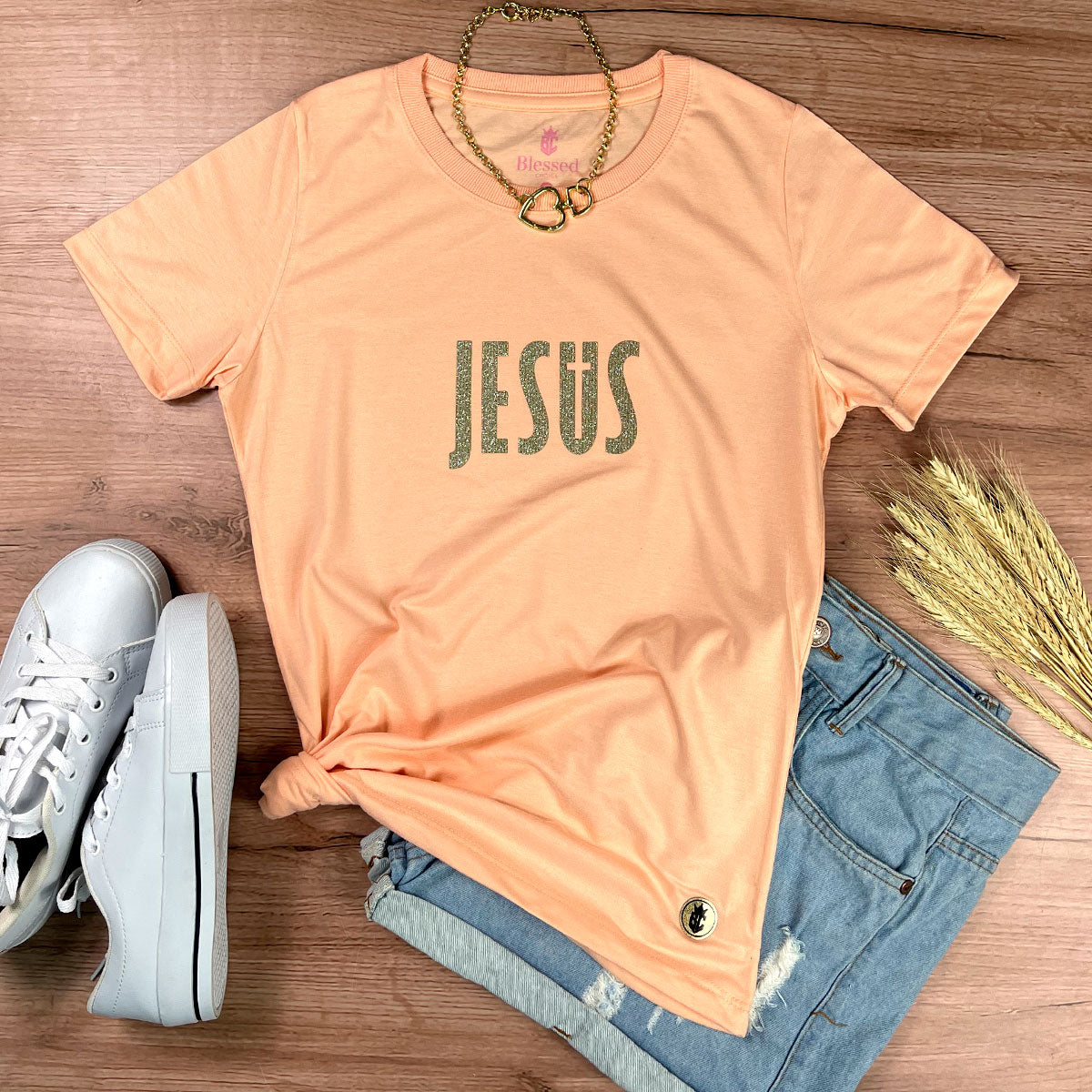 Camiseta Feminina Salmão Jesus Cruz Glitter