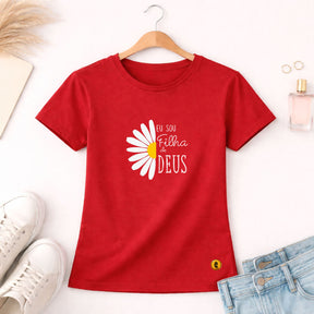 Camiseta Feminina Vermelha Flor Eu Sou Filha De Deus 