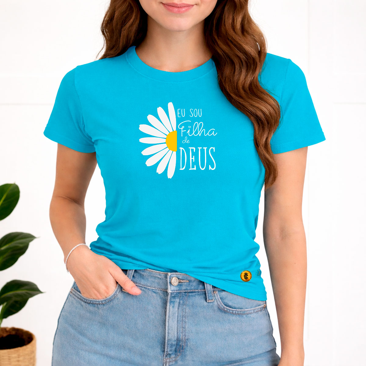 Camiseta Feminina Turquesa Flor Eu Sou Filha De Deus 