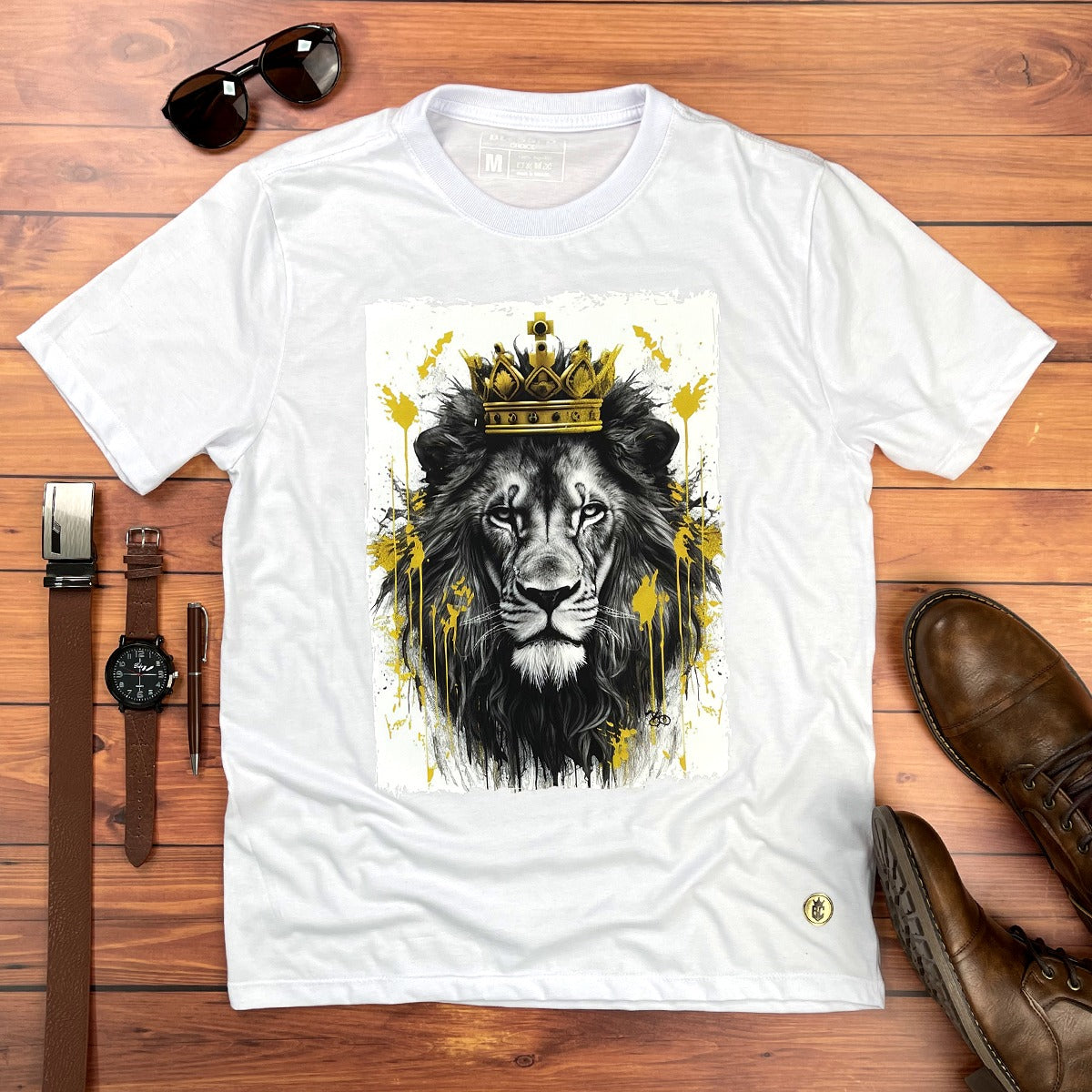Camiseta Masculina Branca Leão Coroa