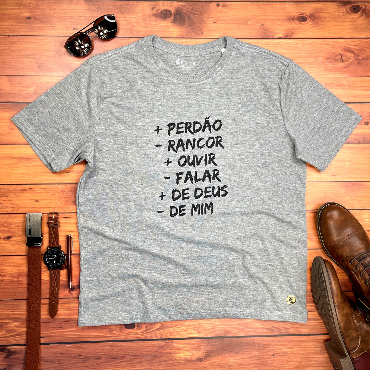 Camiseta Masculina Cinza + Perdão - Rancor