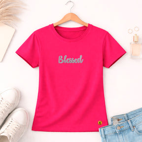 Camiseta Feminina Pink Blessed Glitter Pink Aplique