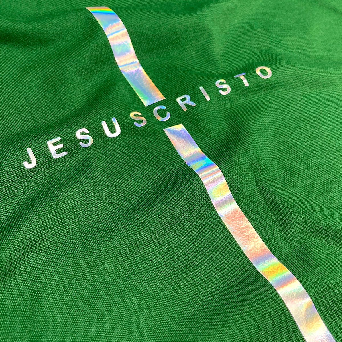 Camiseta Masculina Verde Cruz Prata Jesus Cristo