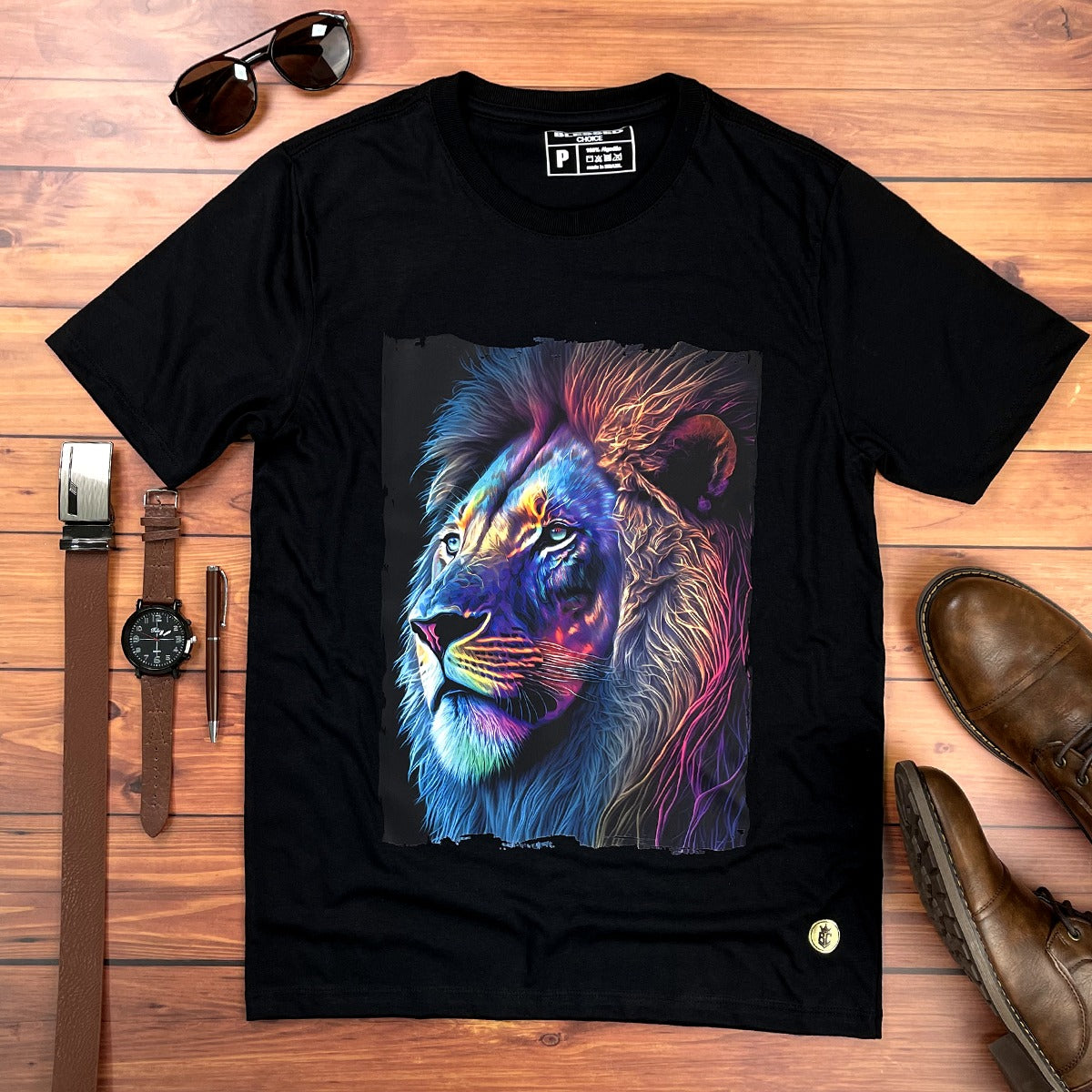 Camiseta Masculina Preta Leão Azul