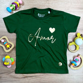 T-Shirt Infantil Verde Amor Coração Dourado