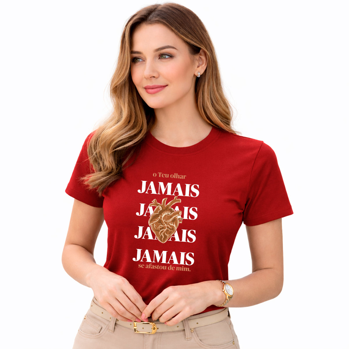 Camiseta Feminina Vermelha O Teu Olhar Jamais Se Afastou de mim
