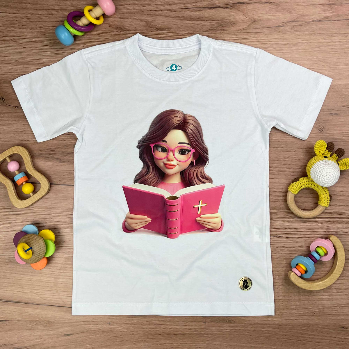 T-Shirt Infantil Branca Garota Bíblia