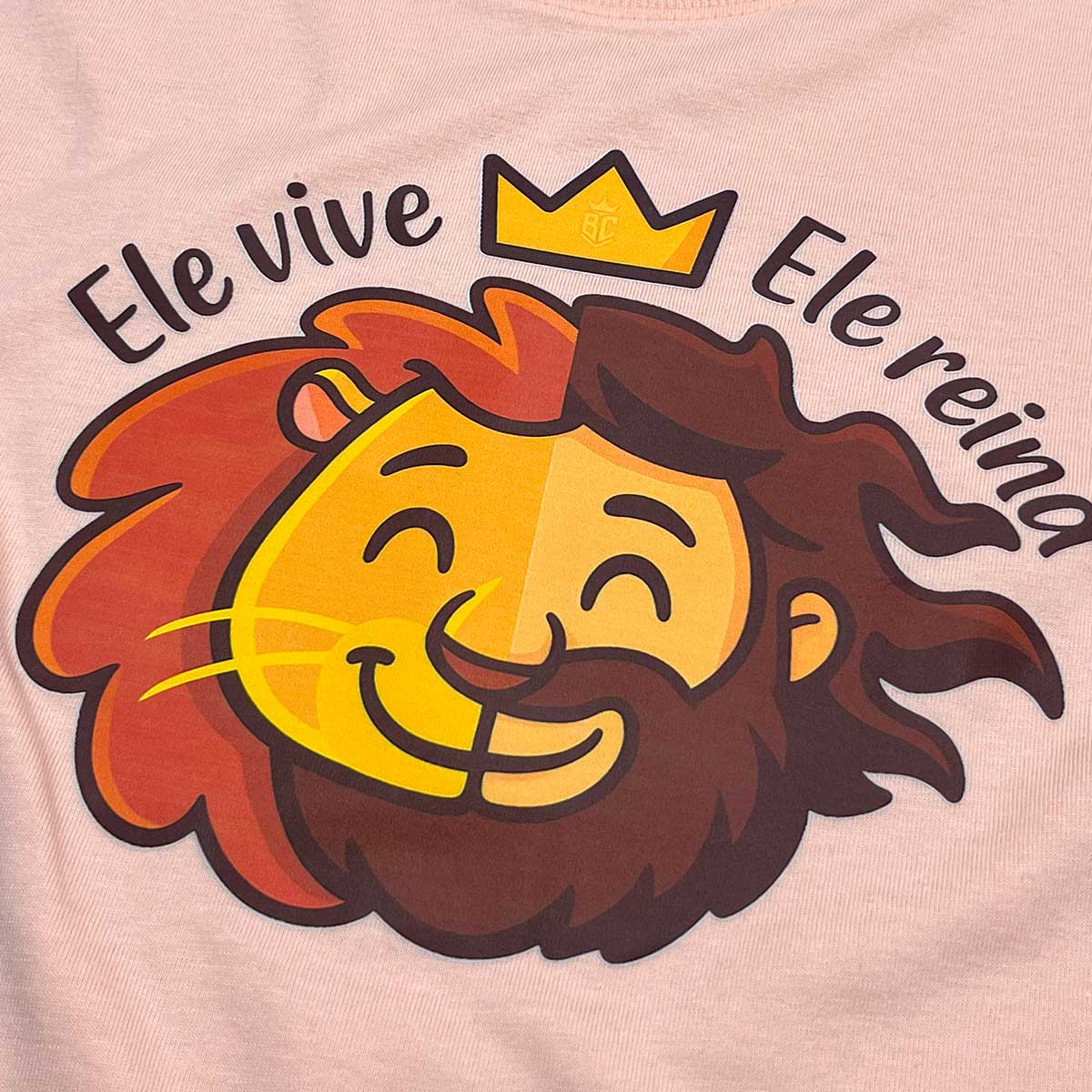 T-Shirt Infantil Salmão Leão Jesus Ele Vive Ele Reina