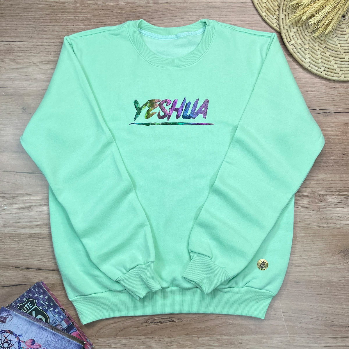Moletom Verde Menta Aplique Camaleão Yeshua