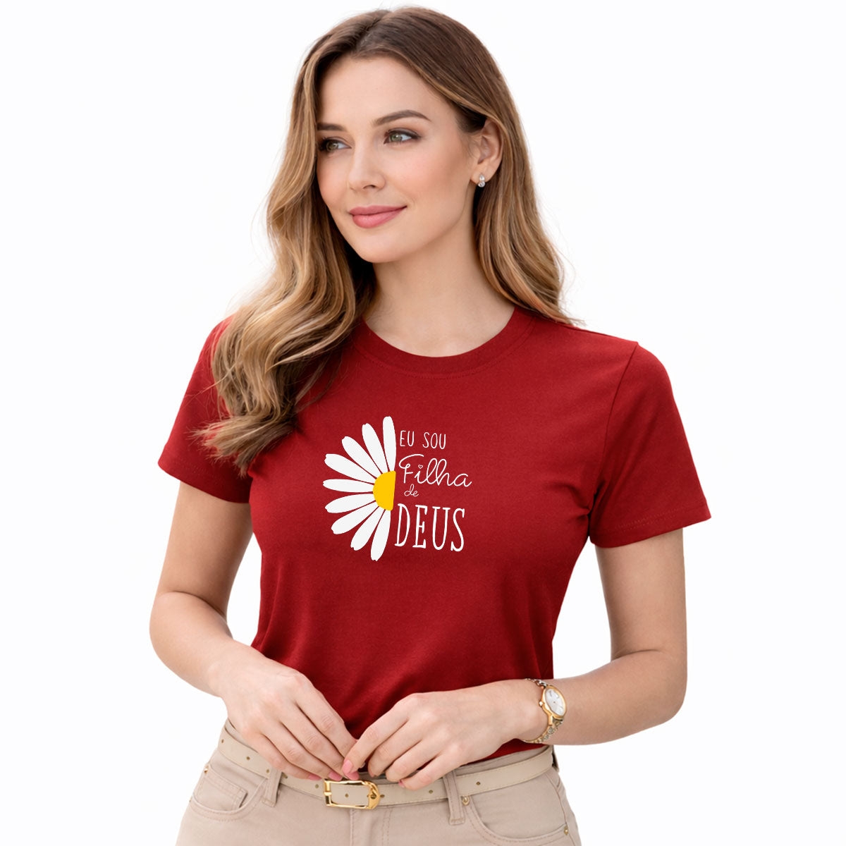 Camiseta Feminina Vermelha Flor Eu Sou Filha De Deus 