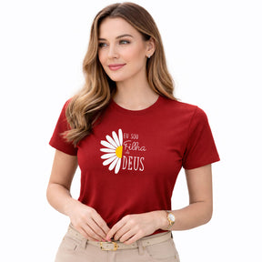 Camiseta Feminina Vermelha Flor Eu Sou Filha De Deus 