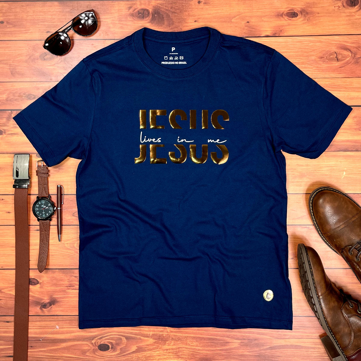 Camiseta Masculina Azul Jesus Lives In Me