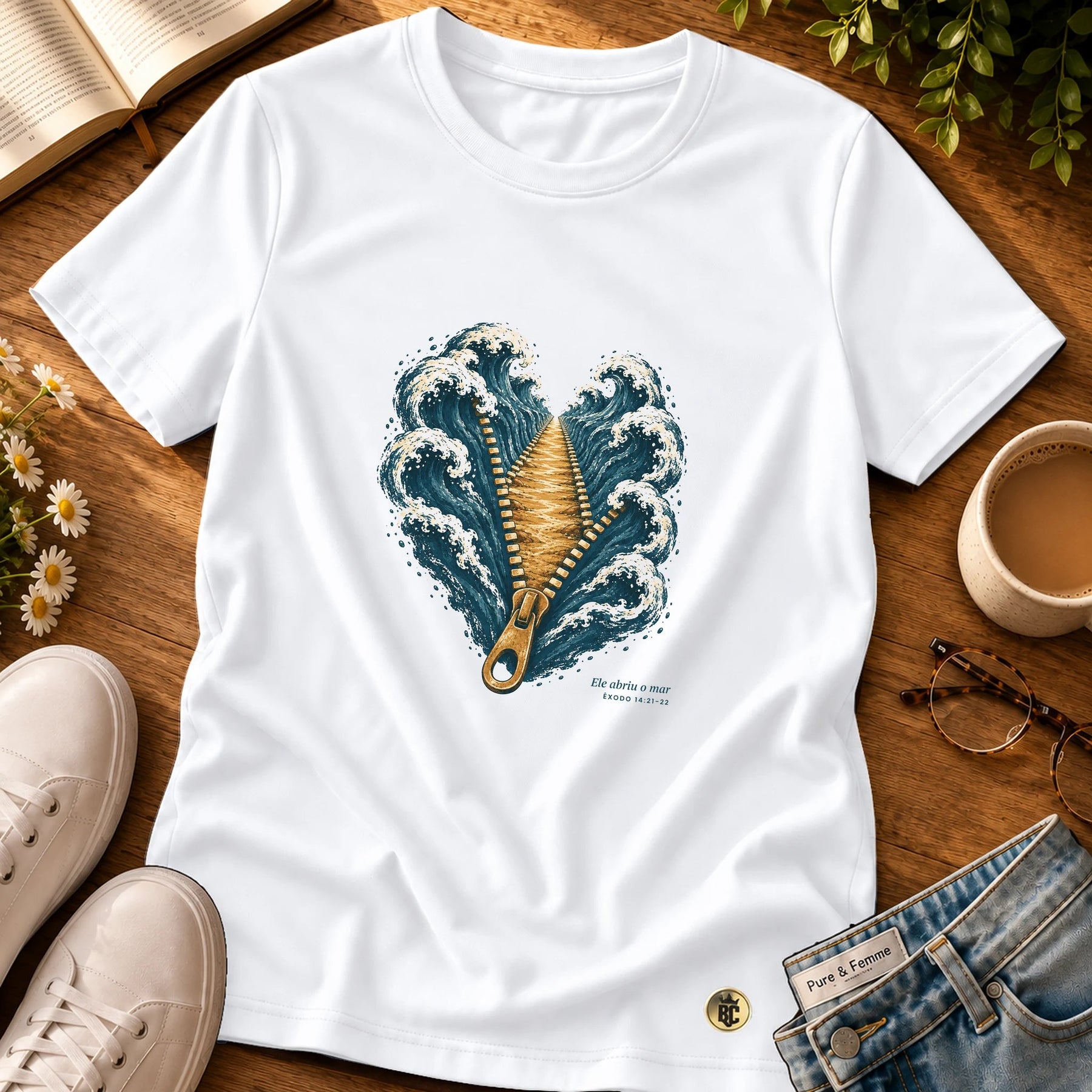 Camiseta Feminina Branca Ele abriu o mar