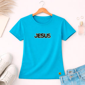 Camiseta Feminina Turquesa Jesus Aplique Camaleão