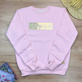 Moletom Rosa Aplique Jesus Glitter Dourado