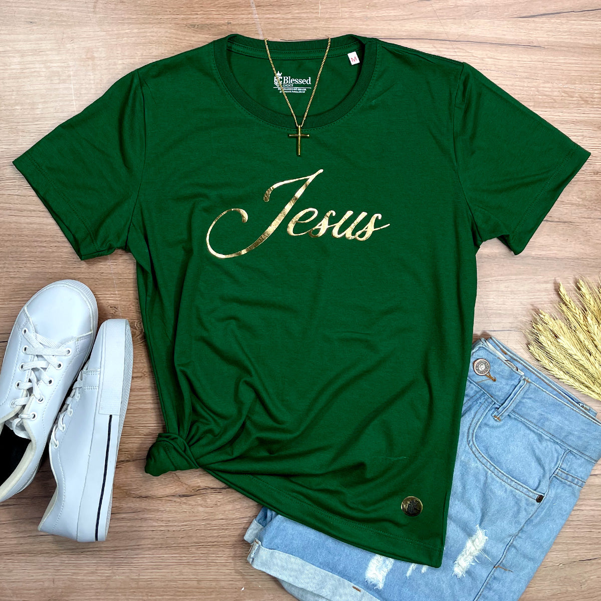 Camiseta Feminina Verde Jesus Dourado
