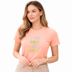 Camiseta Feminina Salmão A Tua Graça Me Basta  Aplique