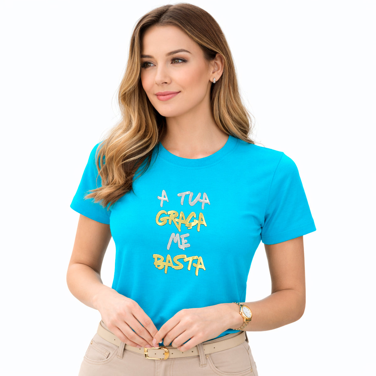 Camiseta Feminina Turquesa A Tua Graça Me Basta  Aplique