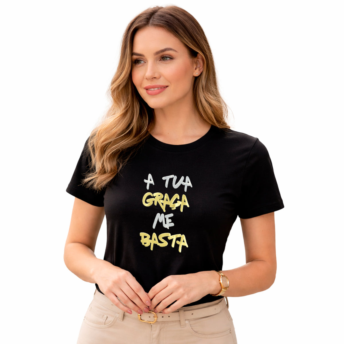 Camiseta Feminina Preta A Tua Graça Me Basta  Aplique