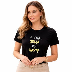 Camiseta Feminina Preta A Tua Graça Me Basta  Aplique