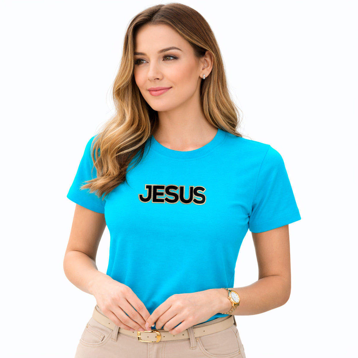 Camiseta Feminina Turquesa Jesus Aplique Camaleão