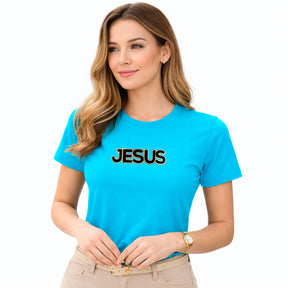 Camiseta Feminina Turquesa Jesus Aplique Camaleão