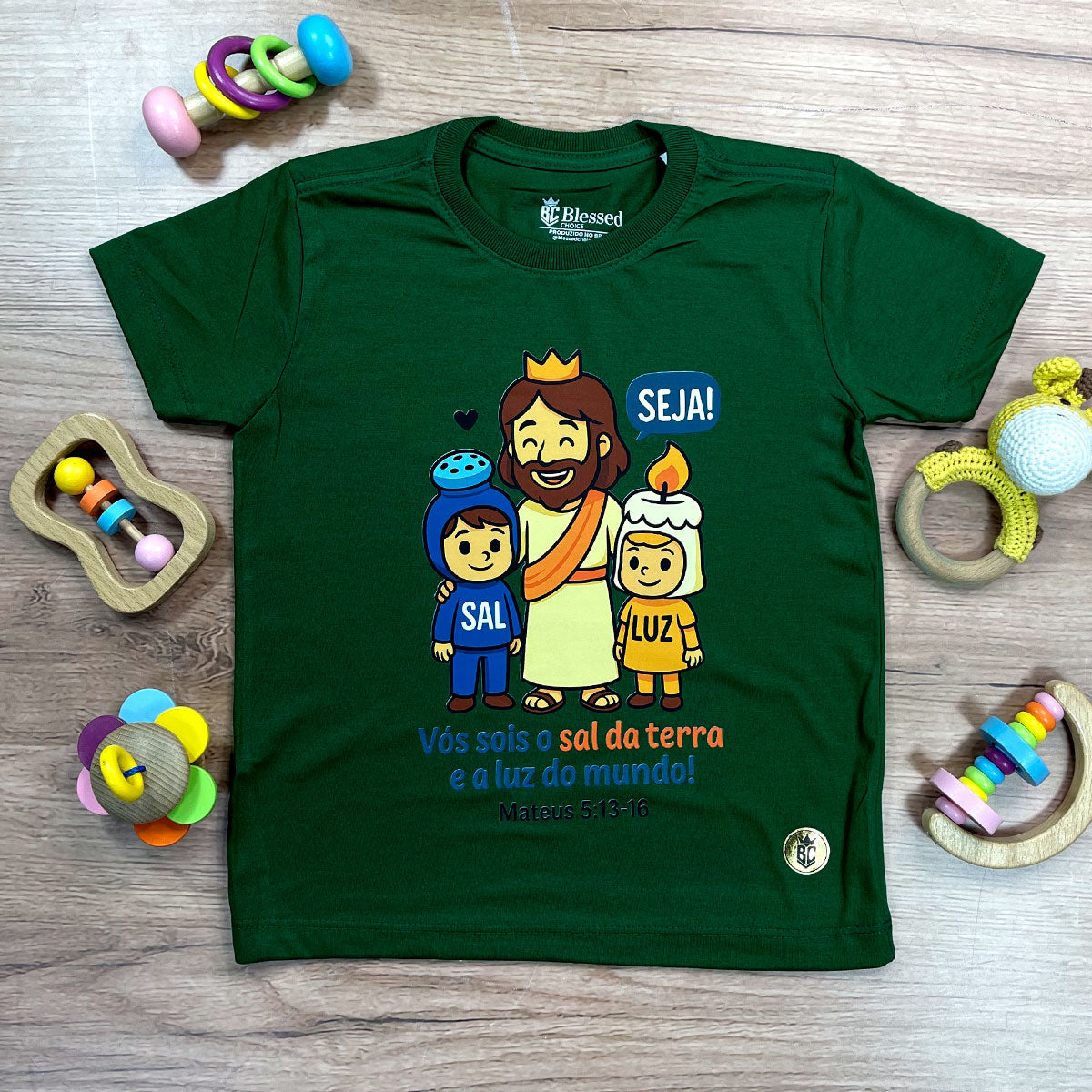 T-Shirt Infantil Verde Seja Sal e Luz