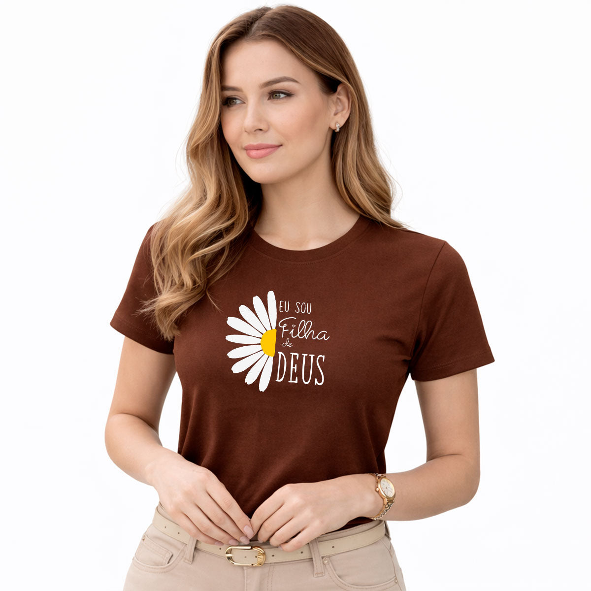 Camiseta Feminina  Marrom Flor Eu Sou Filha De Deus 