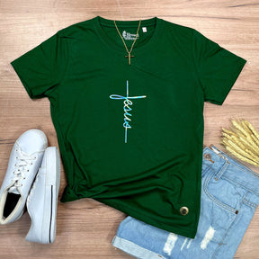Camiseta Feminina Verde Aplique Cruz Jesus