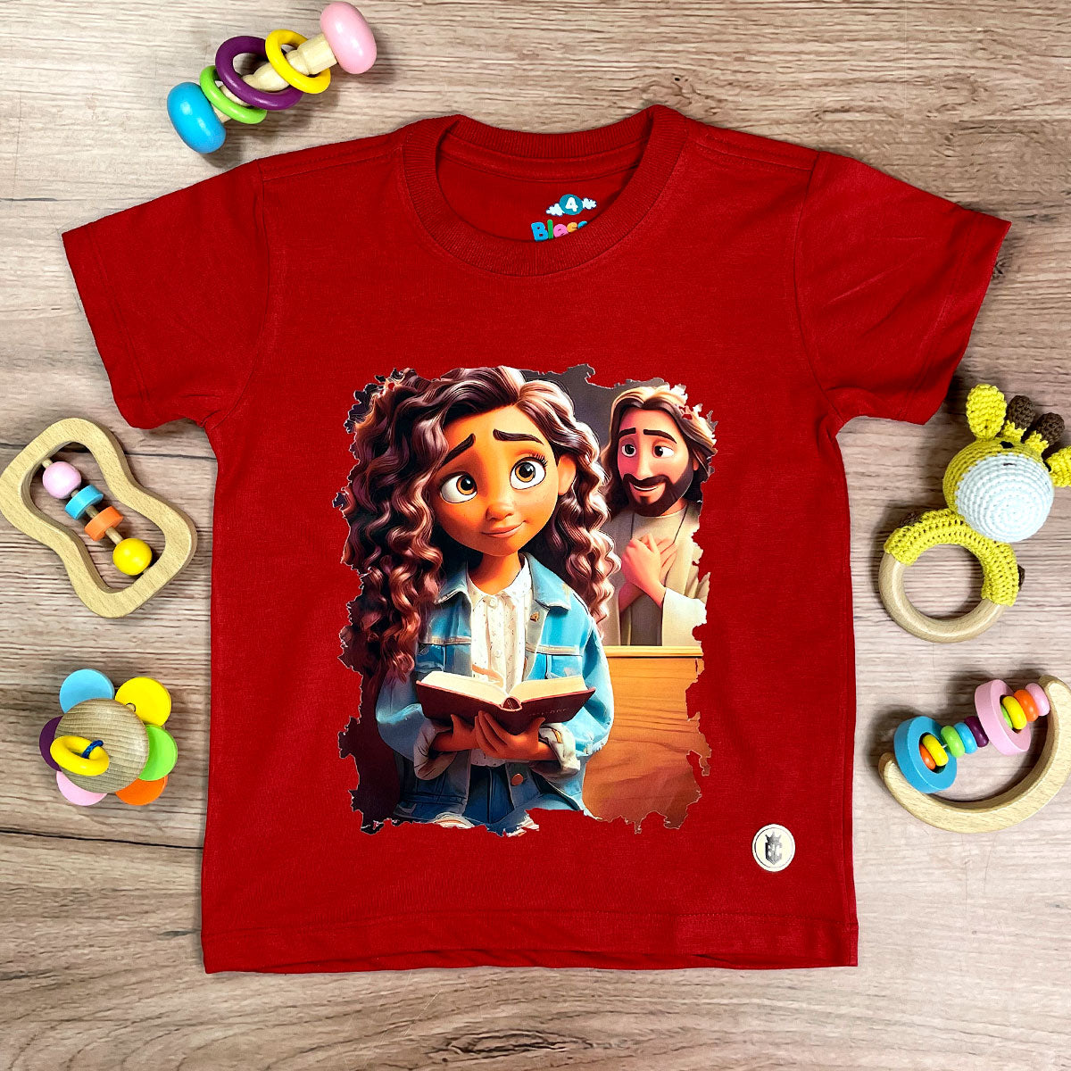 T-Shirt Infantil Vermelha Garota Bíblia Jesus