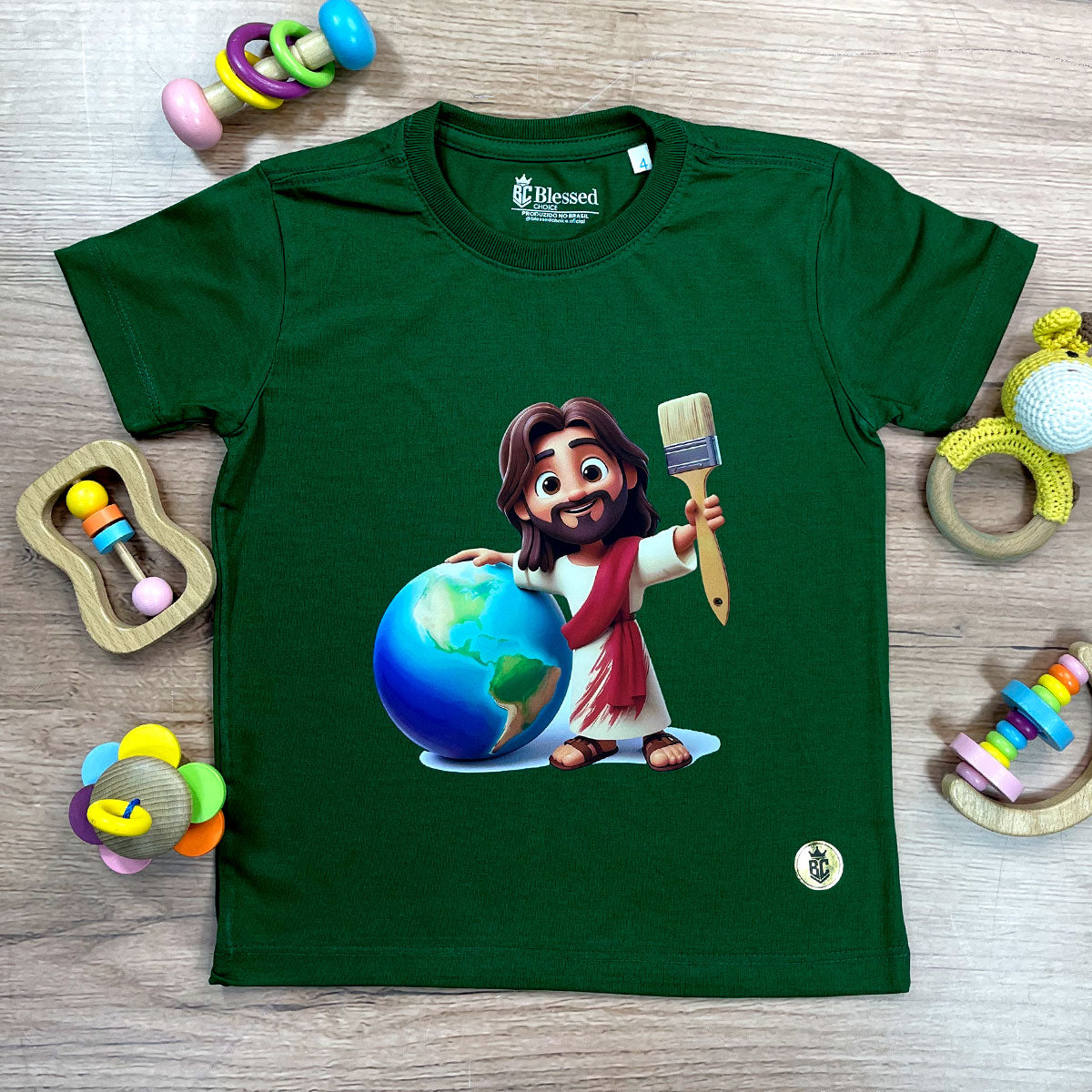 T-Shirt Infantil Verde Jesus Pintor Do Mundo