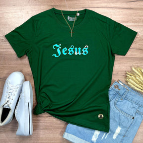 Camiseta Feminina Verde Aplique Jesus
