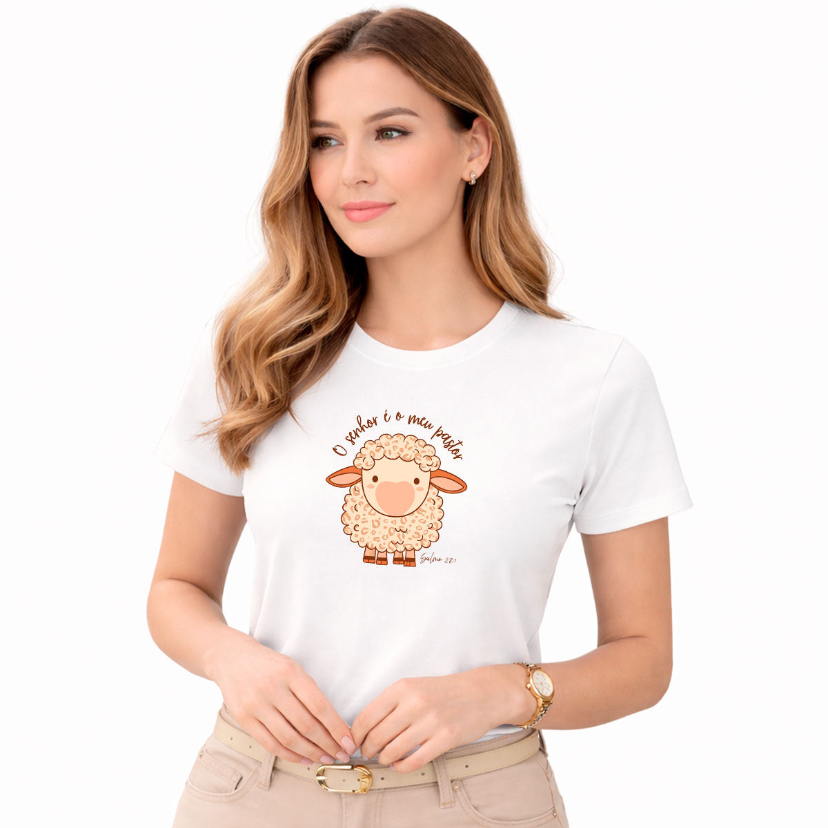 Camiseta Feminina Branca O Senhor é o Meu Pastor Ovelha