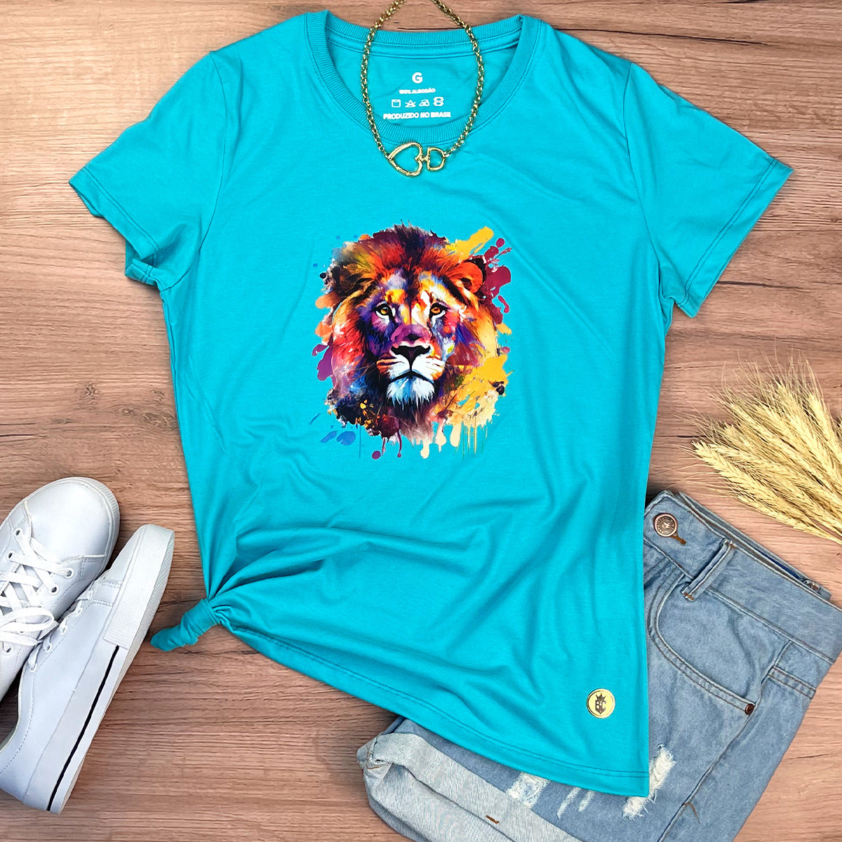 Camiseta Feminina Turquesa Leão Colorido