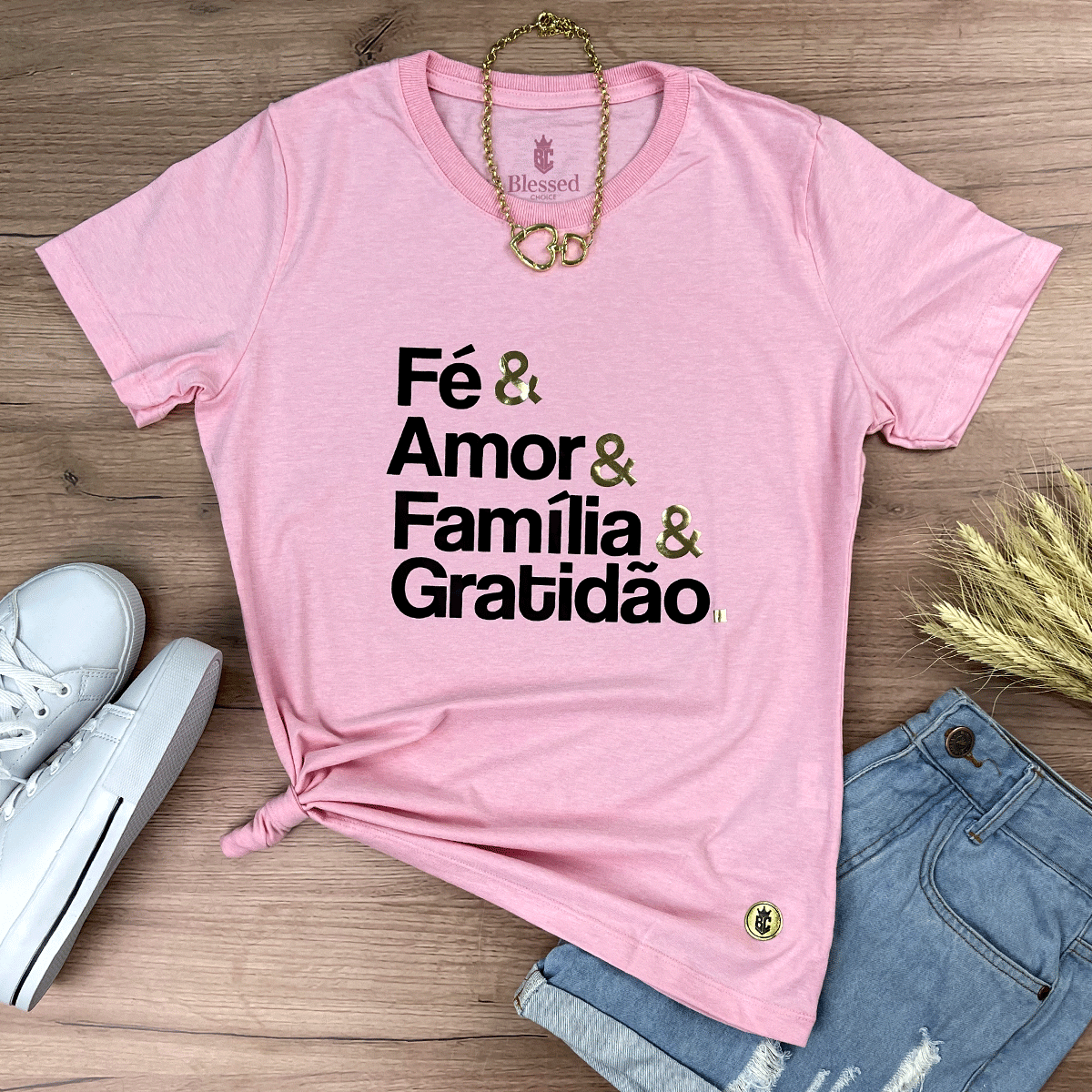 Camiseta Feminina Rosa Fé & Amor Dourado
