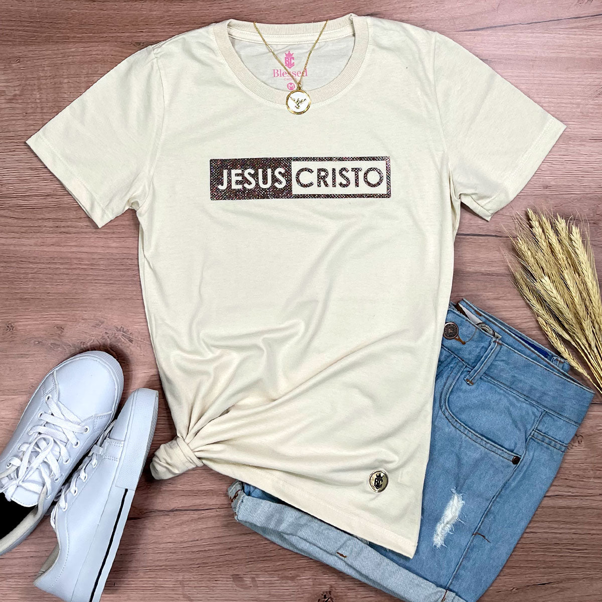 Camiseta Feminina Off White Jesus Cristo Glitter