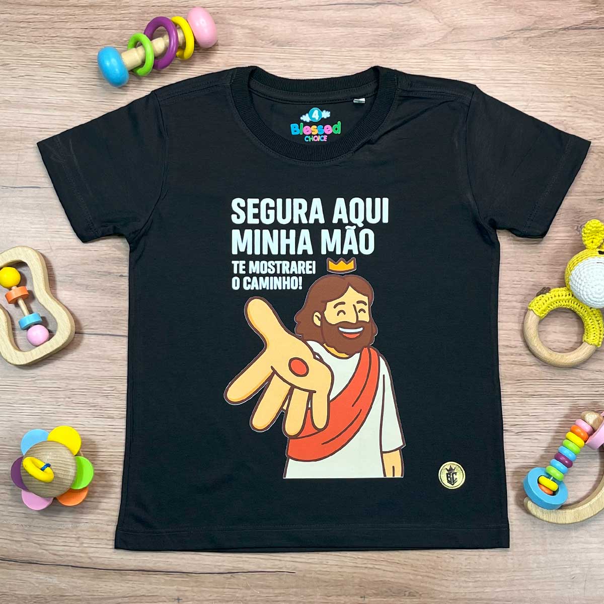 T-Shirt Infantil Preta Segura Aqui Minha Mão