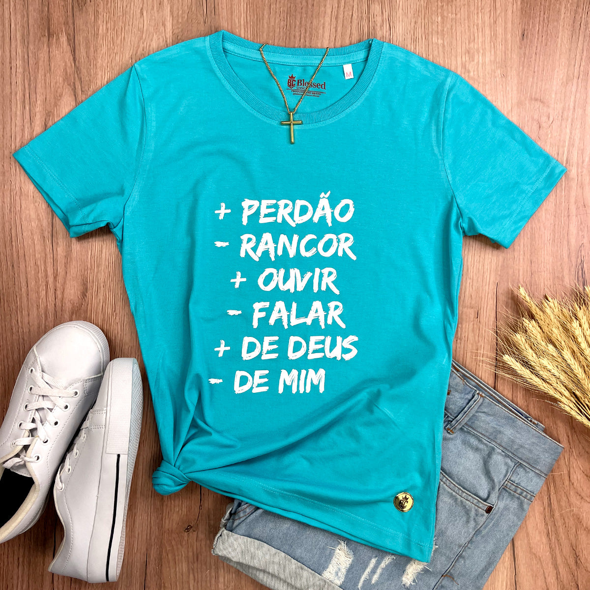 Camiseta Feminina Turquesa Mais Perdão Menos Rancor