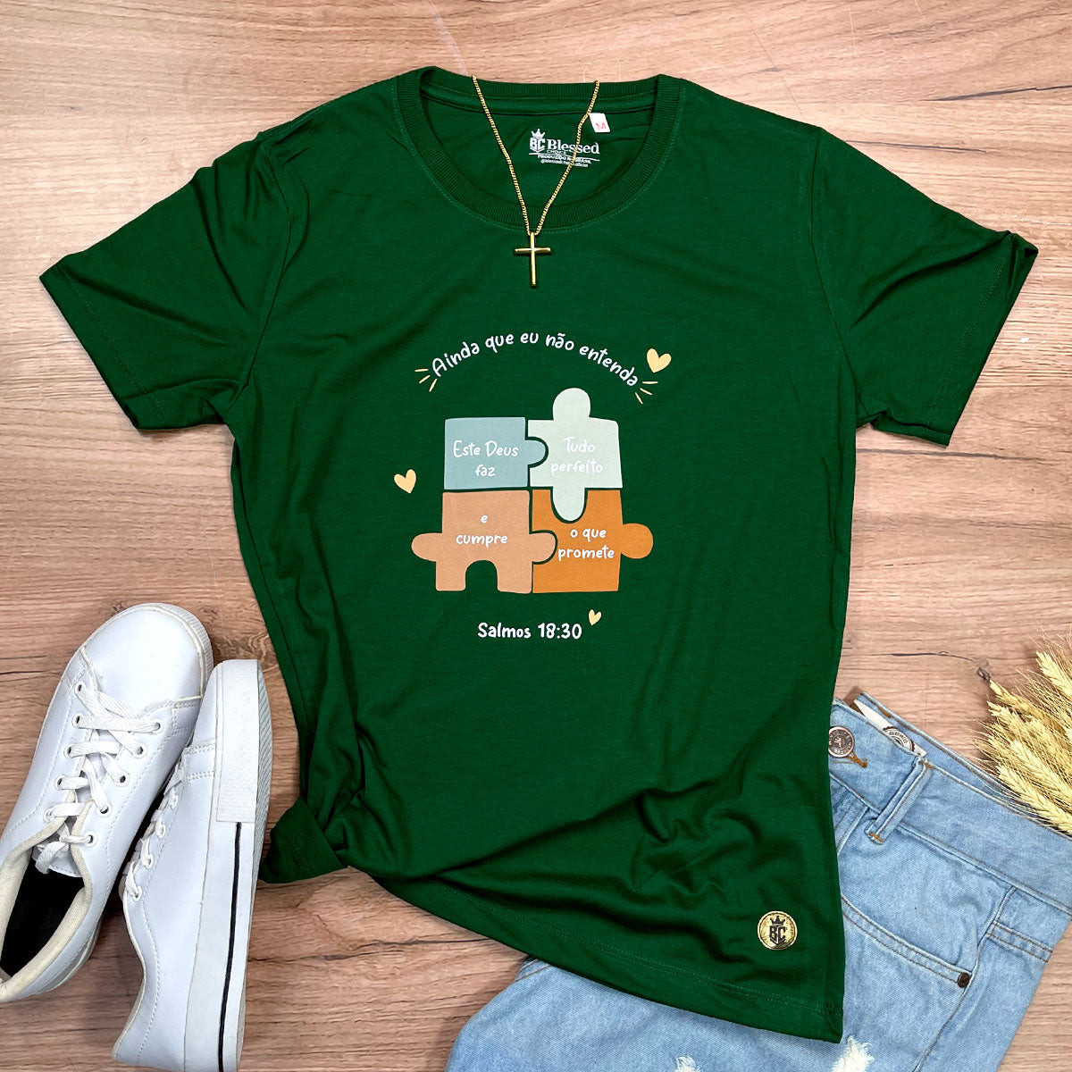 Camiseta Feminina Verde Quebra-Cabeça Ainda Que Eu Não Entenda