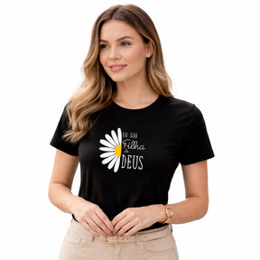 Camiseta Feminina  Preta Flor Eu Sou Filha De Deus 